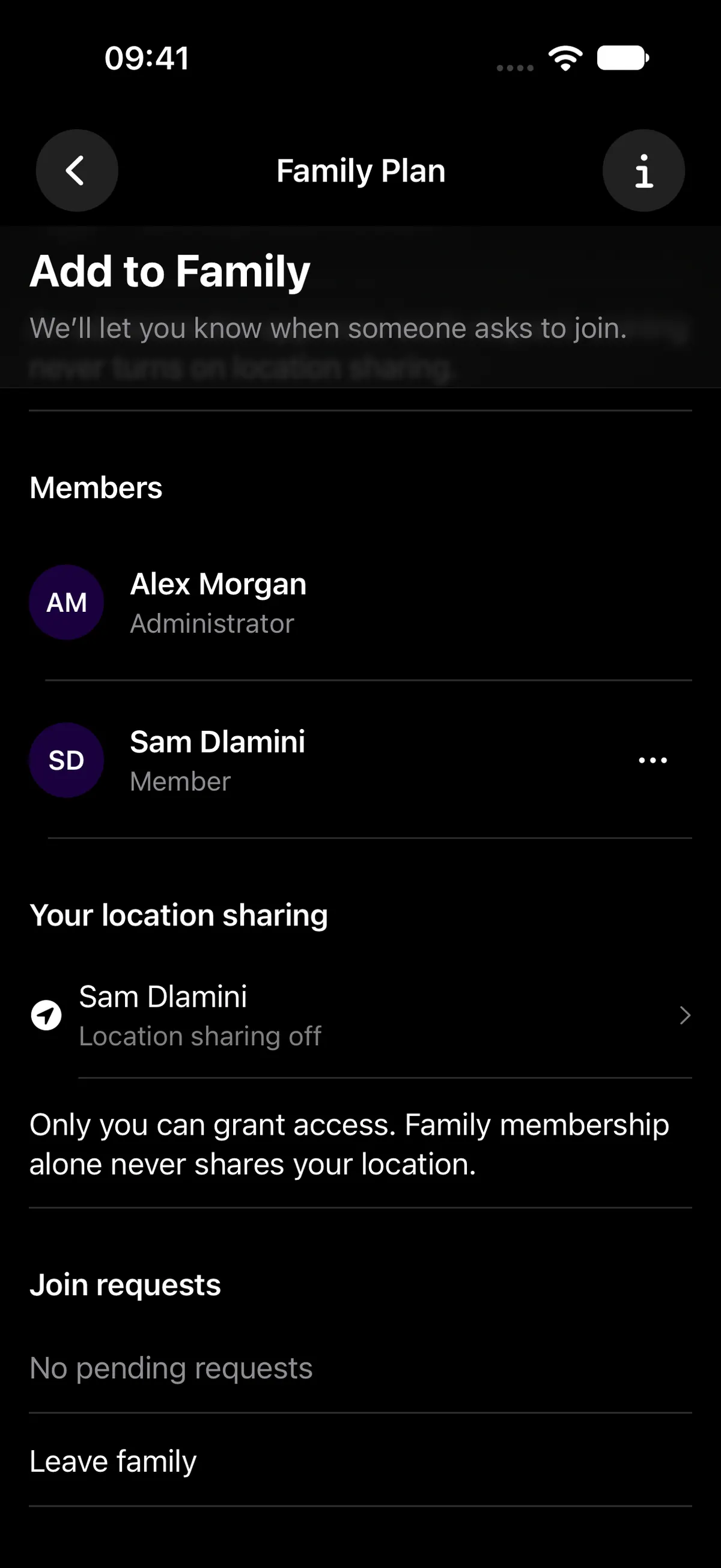 Family members and private location-sharing controls in the Lookout iPhone app