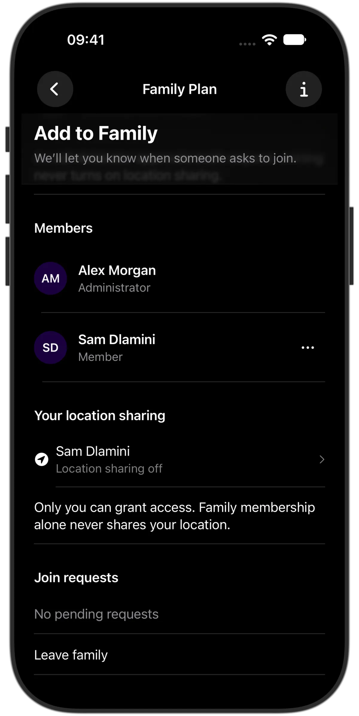 Family members and private location-sharing controls in the Lookout iPhone app