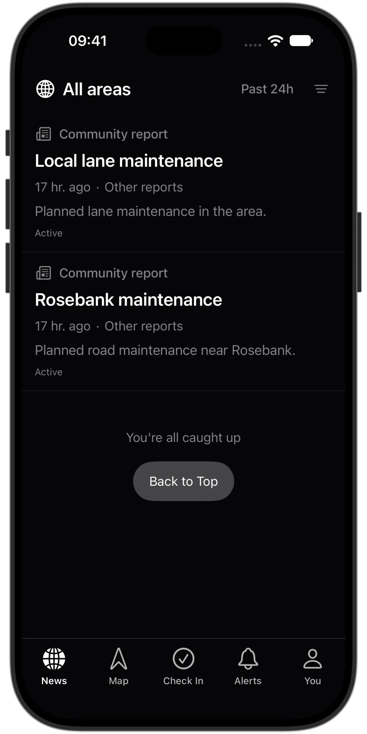 The incident feed with category and time filters in the Lookout iPhone app