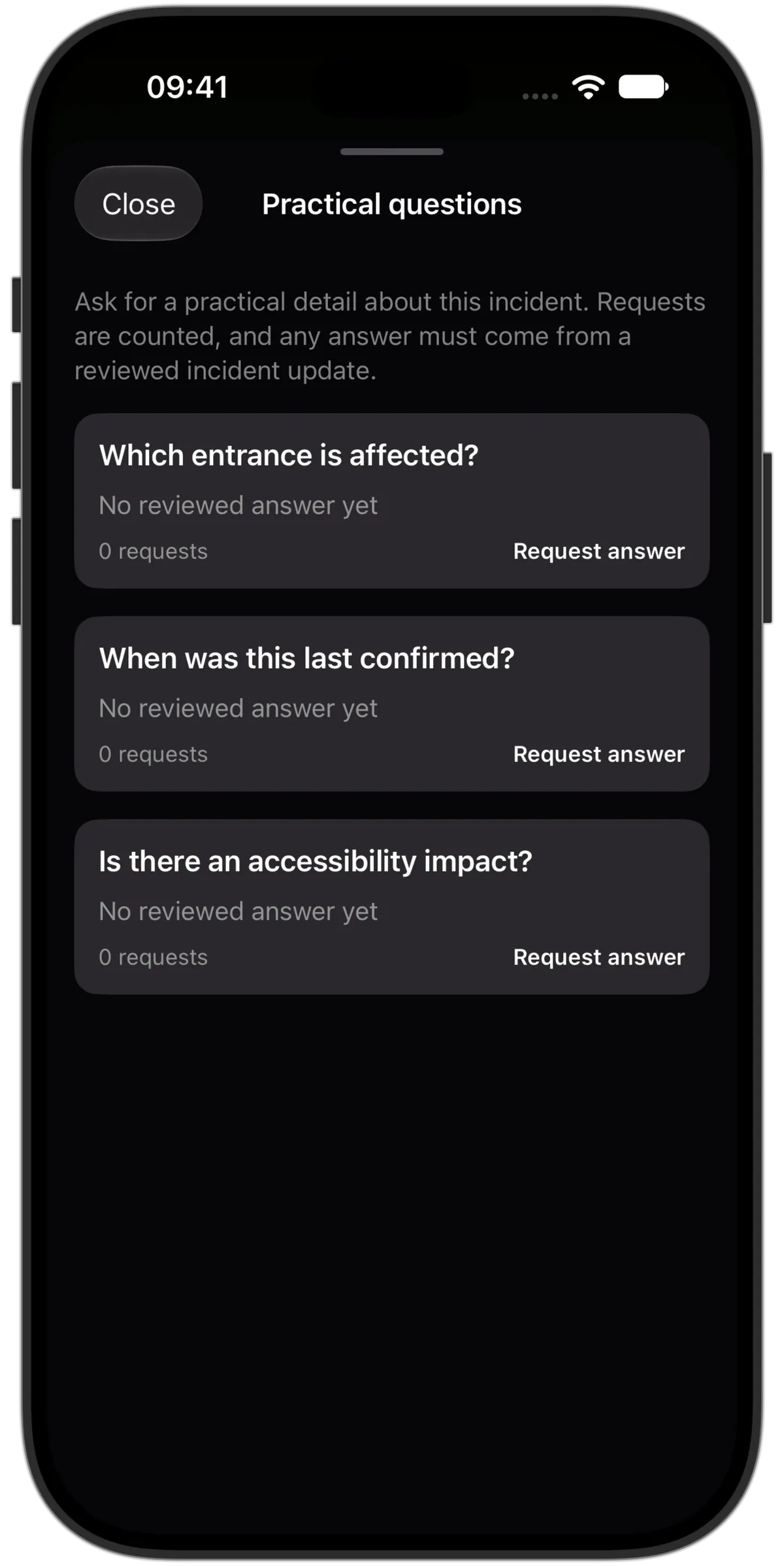 Practical incident questions with request counts and reviewed answers in the Lookout iPhone app