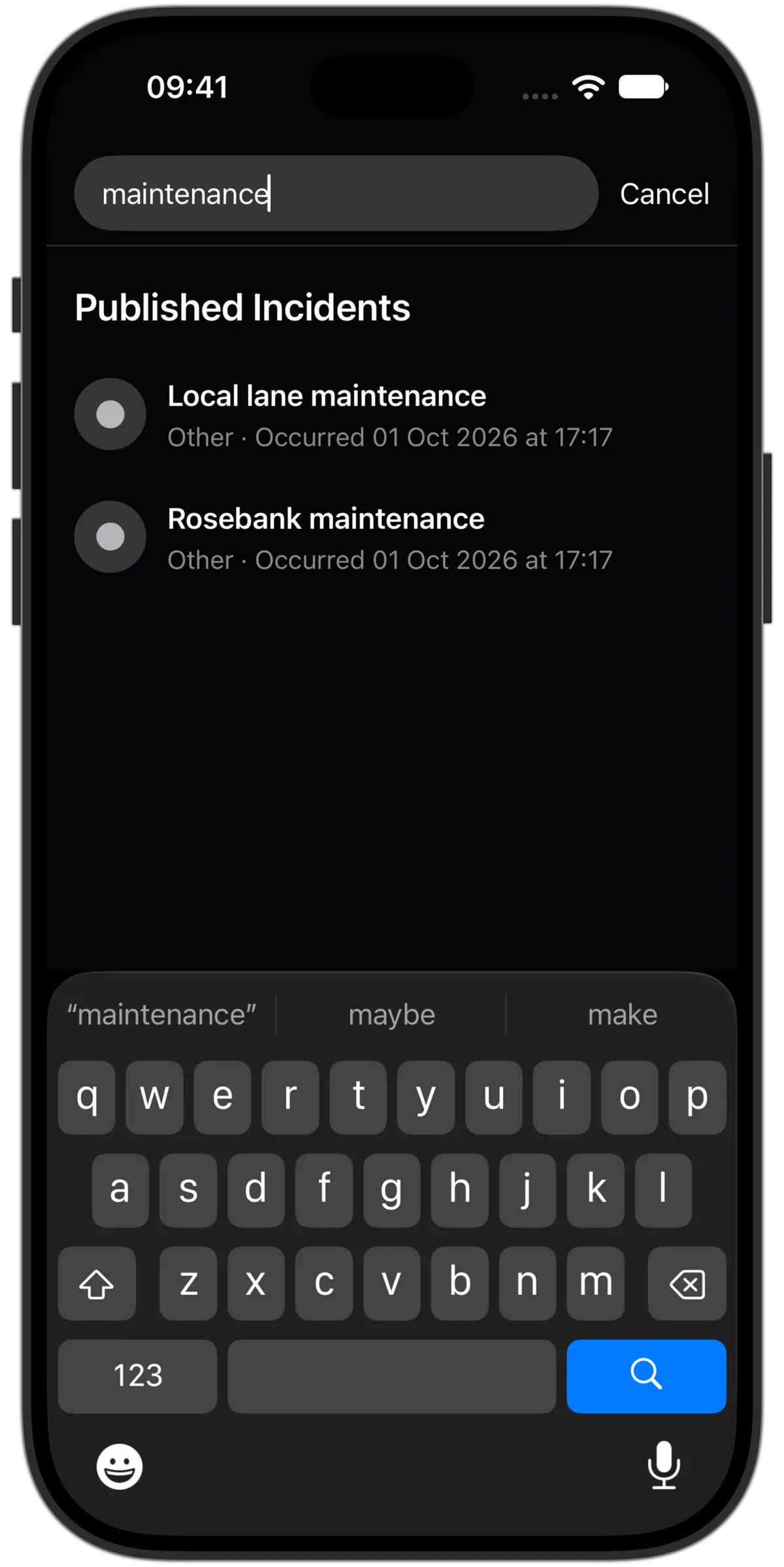 Published incident search results in the Lookout iPhone app