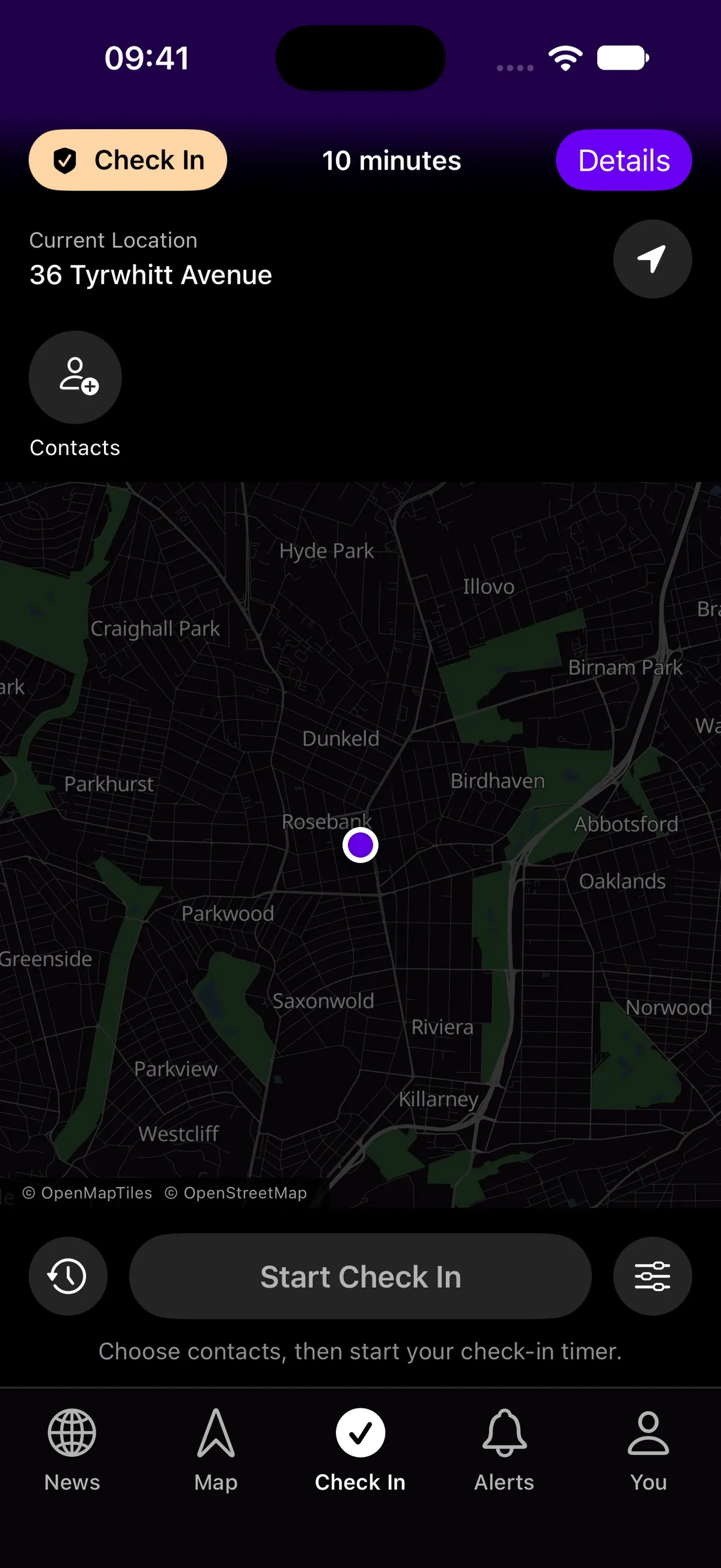 The safety timer and check-in controls in the Lookout iPhone app
