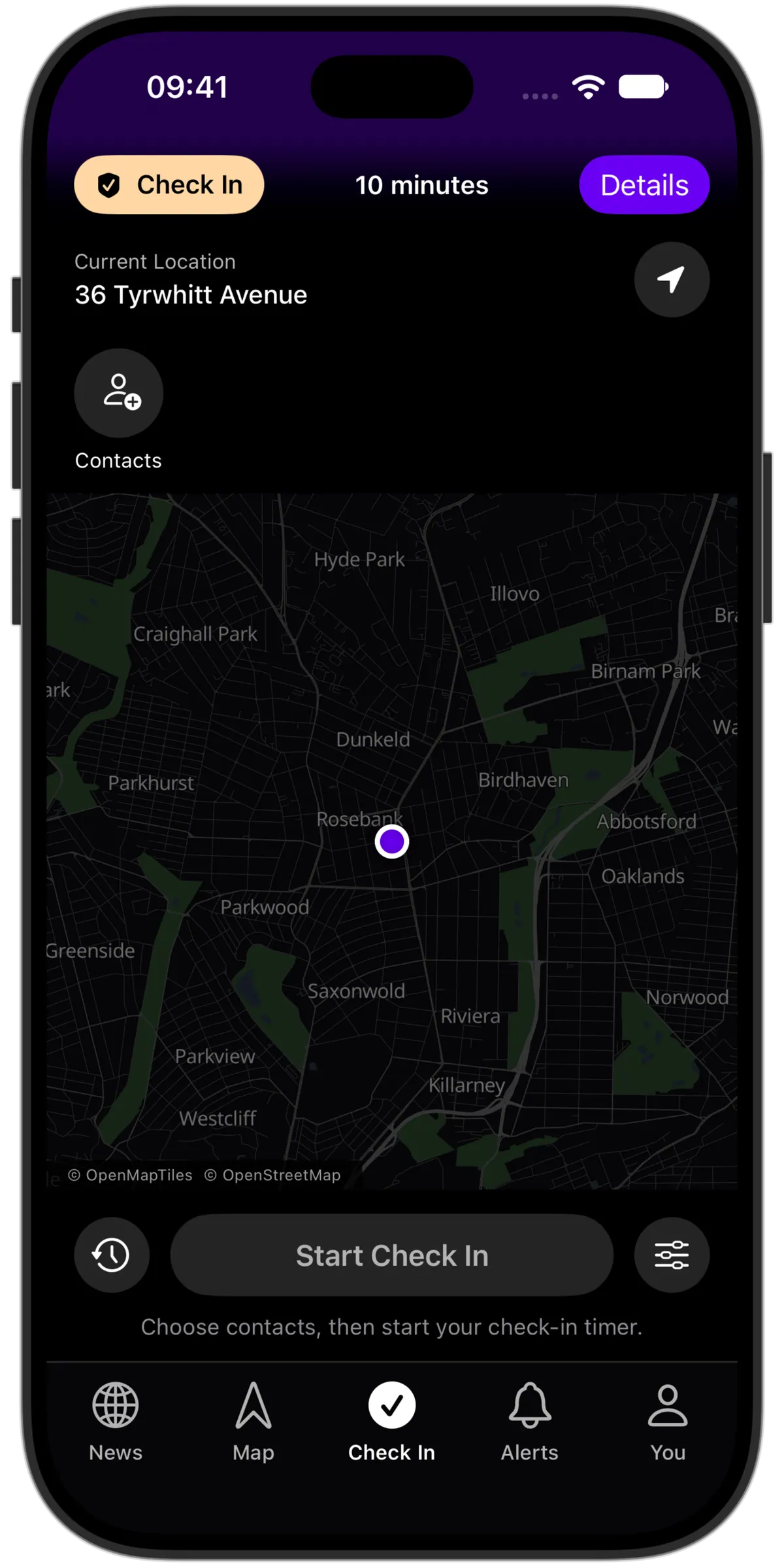 The safety timer and check-in controls in the Lookout iPhone app